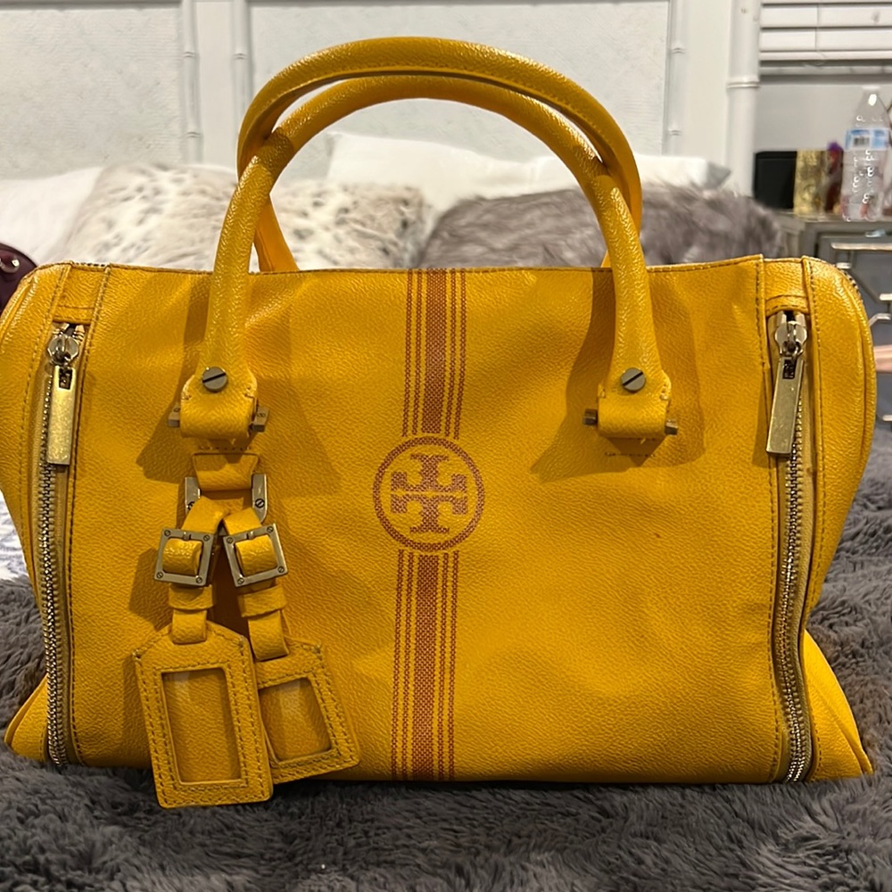 Tory Burch Yellow Leather Tote with Striped Logo